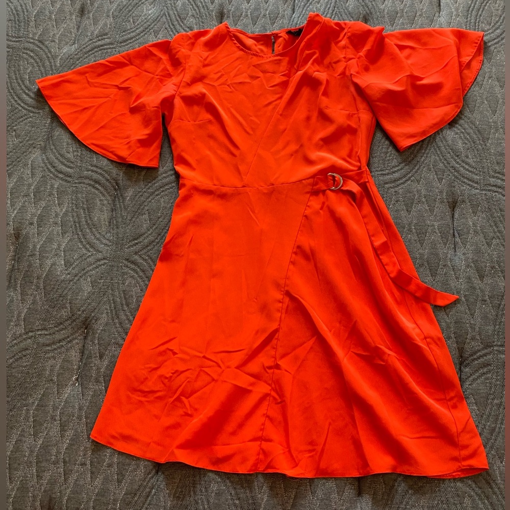 Topshop Coral Wide Flutter Sleeve Dress